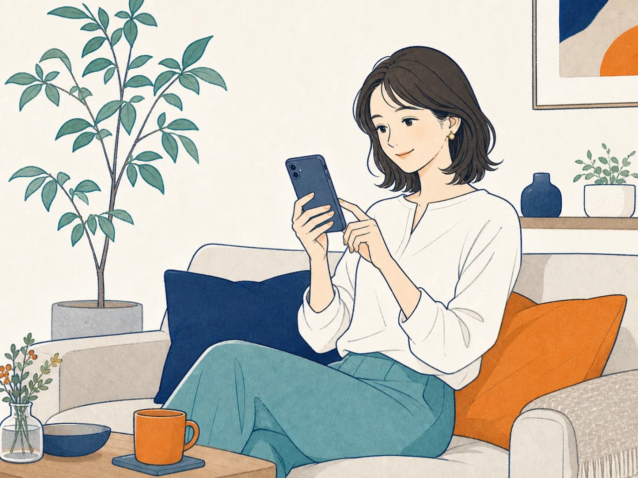 自宅のソファでスマートフォンから査定を依頼する女性のイラスト