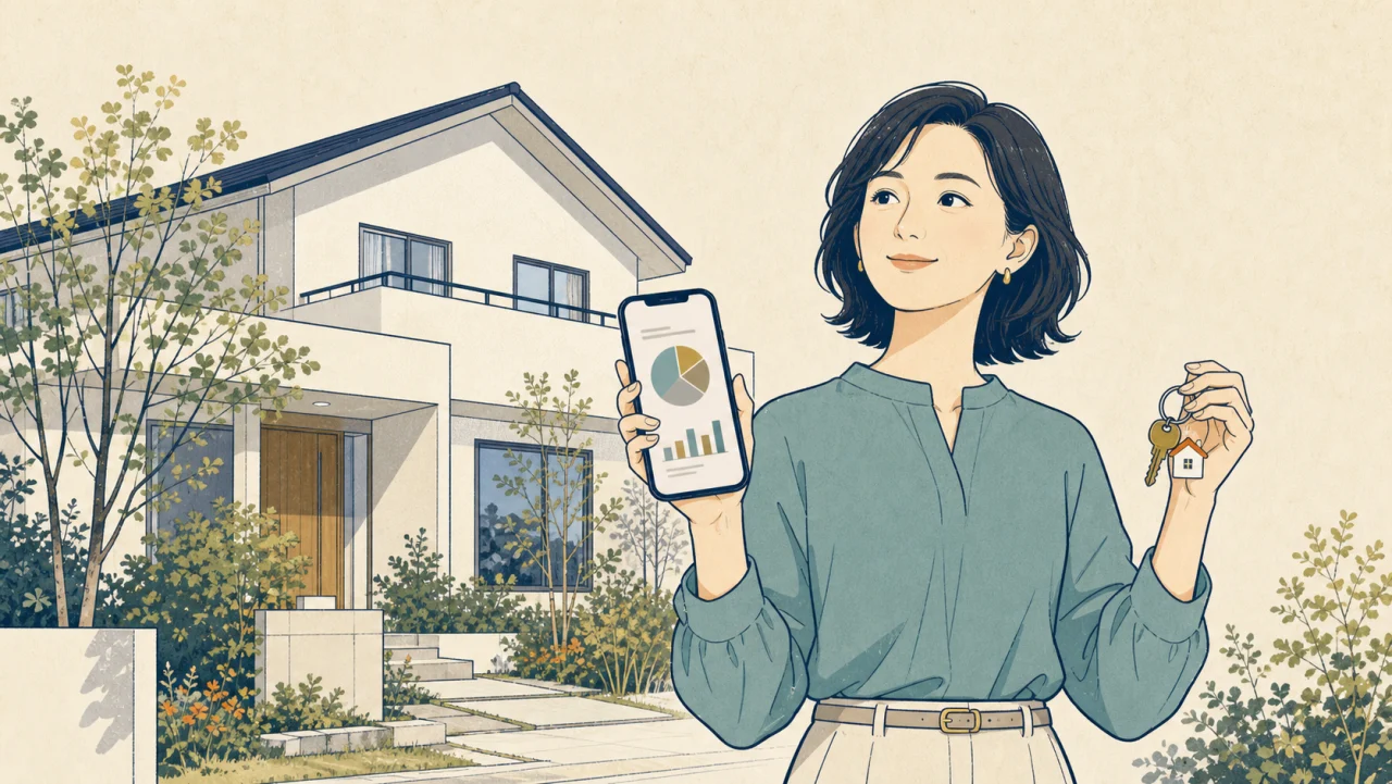 自宅を背景にスマートフォンで不動産査定を確認する女性のイラスト
