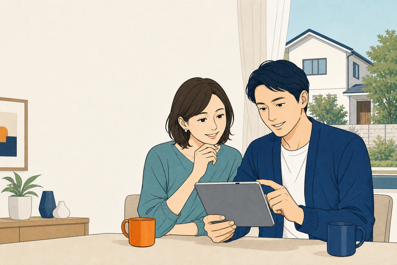 自宅で不動産査定結果を確認するご夫婦のイラスト