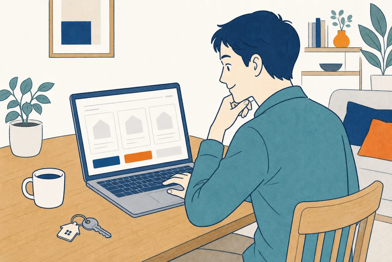 自宅でオンライン査定結果を確認する男性のイラスト